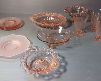 Pink Glass Assortment Includes Juice Cups, Saucers, Pedestaled Bowl, Footed Bowl And More, Total Qty 14 Pieces
