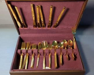 Gold Toned Stainless Steel Flatware Set, Total Qty 48, Pieces In Felt Lined Case