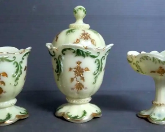 Antique Northwood Style Custard Glass Including Sugar And Creamer Dish and Cruets