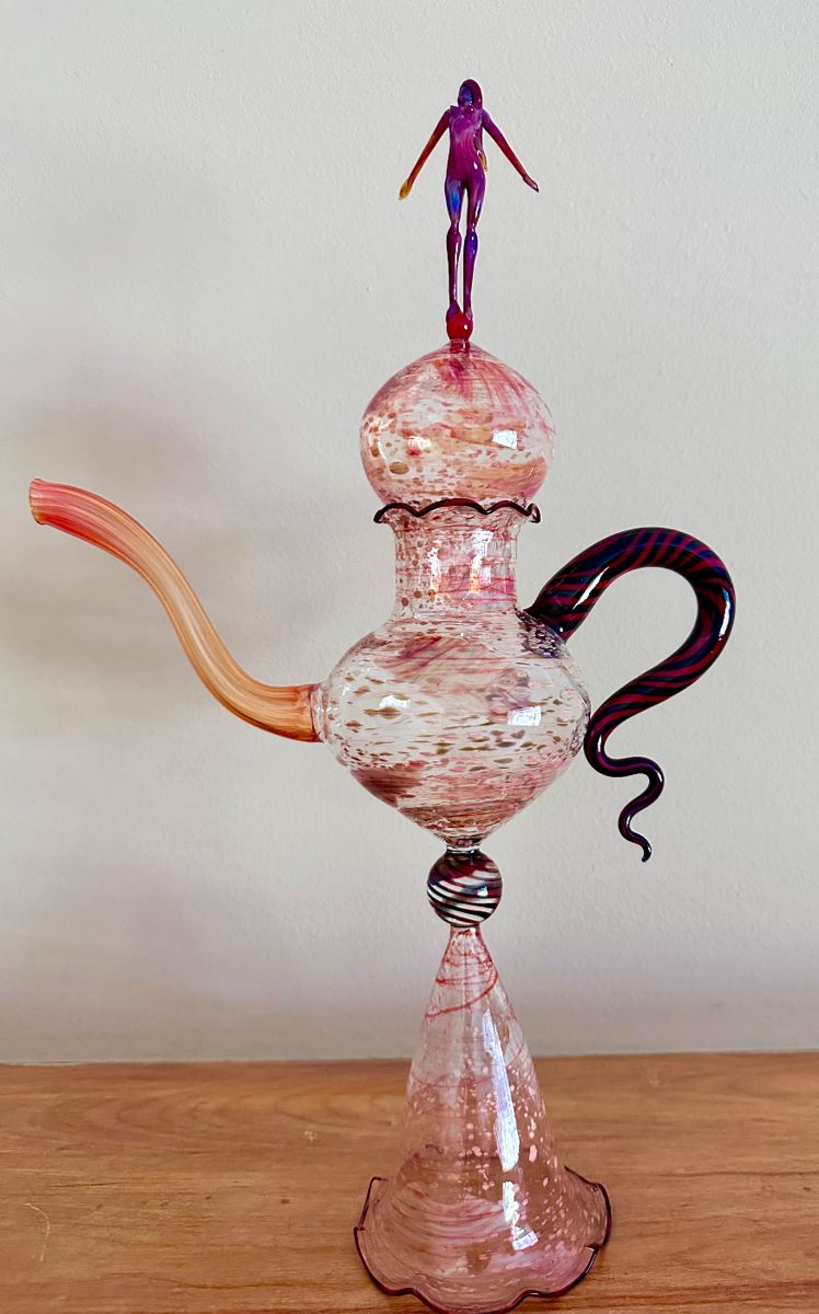One of a kind vintage James Mickelsen Studio Flame glass teapot exhibit piece.