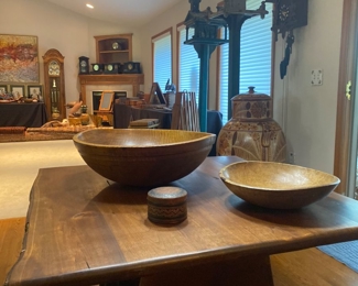 Custom made walnut table and turned carved wooden dough bowls 