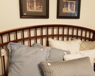 Queen size wooden headboard, pillows, queen size mattress/box springs