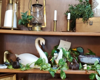 23" Brass Hour Glass Timer on top shelf, Antique Dietz No. 0 Tubular Lantern on top shelf, Swan, Ducks