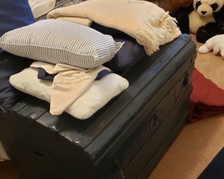 Navy Blue antique trunk, Linens