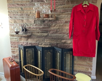 Fireplace cover, Walnut base with glass globe candle Holders, Pendleton Wool dress, Pick table