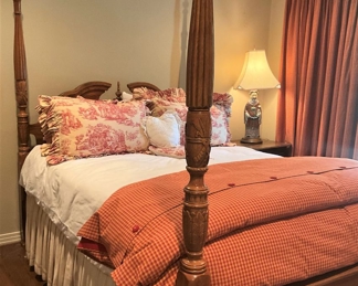 Rice carved four-poster  bed with custom bedding