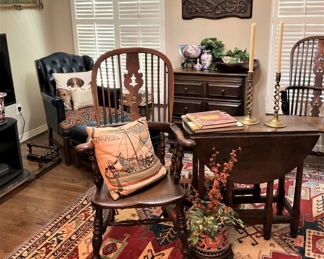 Antique Windsor chair; antique drop leaf table