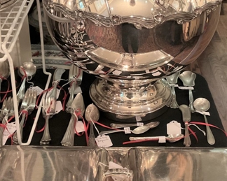 Silverplate punch bowl; sterling spoon selections