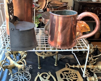 Antique copper selections; brass trivets