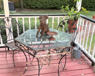 Weathered hexagon table and 2 patio chairs