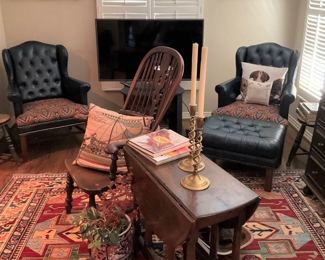 Antique oak drop leaf table; brass barley twist candlesticks