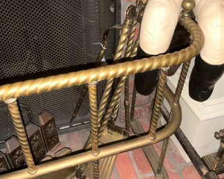 Tall fire fender with a twist design; "twist" fireplace tools