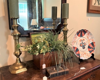 Brass candlesticks; one of many antique wooden boxes