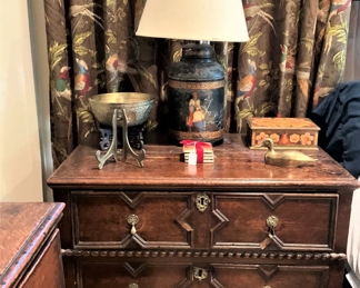 3-drawer antique chest; one of two lamps