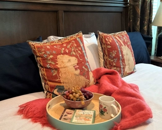 Decorative pillows; aqua round tray