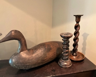 Antique wooden duck and barley twist candle holders
