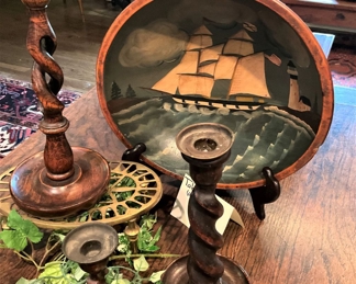 Antique dough bowl; 3 of several barley twist candleholders