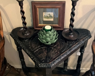 One of two small triangular tables (becomes square with the gate leg); more barley twist candlesticks