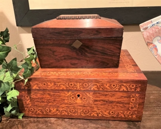 Two of several antique wooden boxes from England
