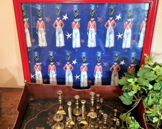 Trays; miniature brass candleholders; framed British soldiers