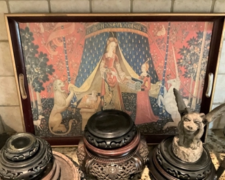 English tray; carved wooden display stands  