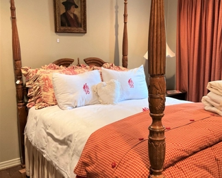 Rice carved poster bed; custom bedding