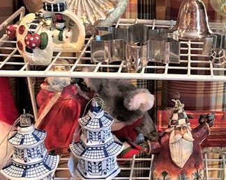 Blue & white pagoda ornaments; Jim Shore Santa ornament