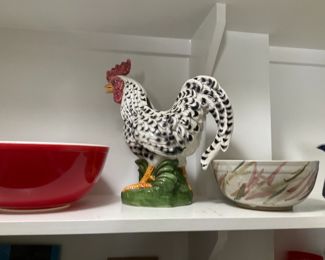 Vintage red mixing bowl; rooster