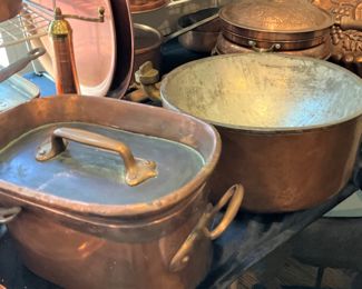 Covered copper cooker; antique copper double boiler