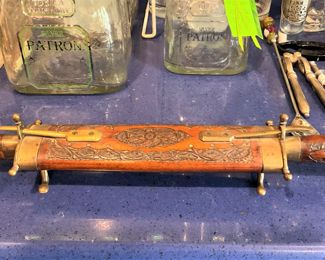 Antique large fork and knife in decorative handmade sheath