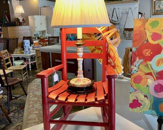 Child's Wooden Rocker and Porcelain Lamp 