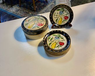 Set of 8 Antique Metal Coasters with Matching Round Box 