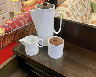 Vintage CORONET Tall Ribbed Demitasse Chocolate Pot, Creamer and Sugar Bowl with Wooden Lids