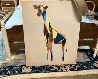 30" x 36" Oil on Canvas Multi-Colored Giraffe and a Men's Safari Hat 