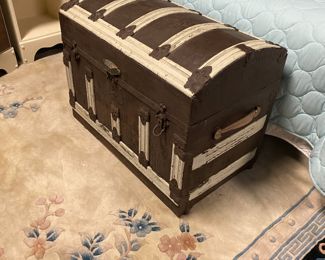 Antique Brown and White Humpback Trunk with Wooden Shelf inside