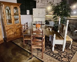Antique Double-Side-Drop-Leaf Table, Ladder Back Chairs, Handmade White Wooden Bench, and a Solid Oak Lighted China Cabinet