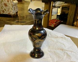 8" Brass Vase, Scalloped Edge, with Black Overlay and Etched Design 