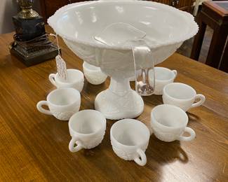 McKee 2-Piece Milk Glass Punch Bowl with 10 Matching Cups