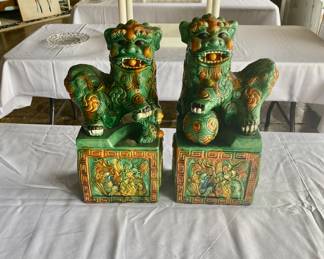 Vintage 18" Chinese Good Luck Foo Dogs on Pedestal, Green, Orange, and White Glazed Ceramic 