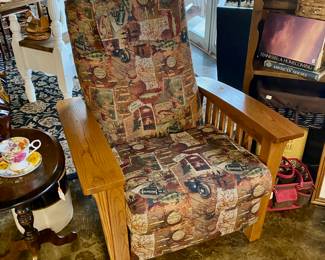 BARCALOUNGER Wooden MISSION RECLINER,  Custom Upholstered in Fishing Tapestry, with slatted oak arms, EXTREMELY COMFY! Valued at $1,151-$2,300