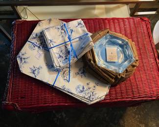 Blue and White Placemats with Matching Napkins and Large Vintage Signed Ashtray