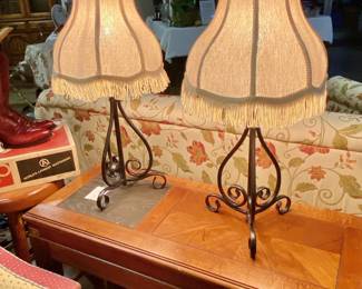 Pair of Fringed Shaded Metal Lamps