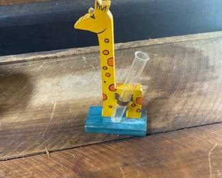 Vintage Wooden Giraffe with Glass Bud Vase