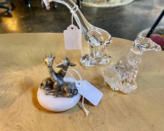 Vintage 5" Hand Blown Clear Giraffe, 4" Rocking Horse Giraffe, and a 3" Marble Base Pewter Giraffes 