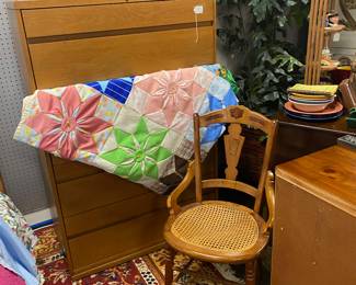 Antique Oak Chair, Handmade Quilt, and a 4-Drawer Cabinet/Chest 