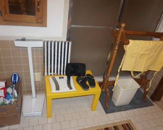 quilt rack, scales, table