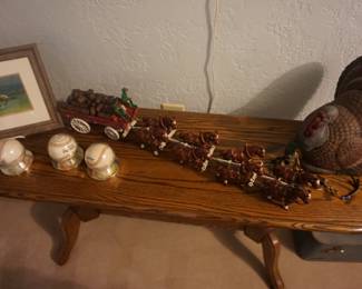 table, cast iron horses and wagon, signed baseballs