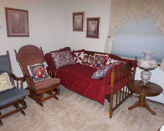 rockers, trundle bed, table, lamp