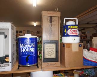 Maxwell Coffee pot, Planters Corn Chips water jug,