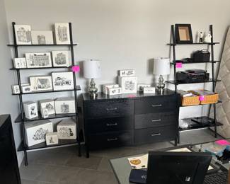 Pair of ladder shelves, Dept 56 Christmas houses, Denon receiver, Blue Ray player, DVDs, CD's